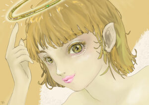 天使の輪を指差す天使(天使、イラスト)