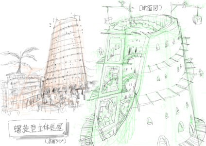 天使たちの住まい - 螺旋型立体長屋（天空の島、軌道都市）