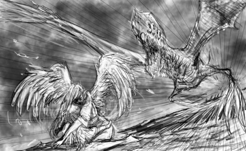 天使の母子を襲う怪物（イラスト、ラフ）