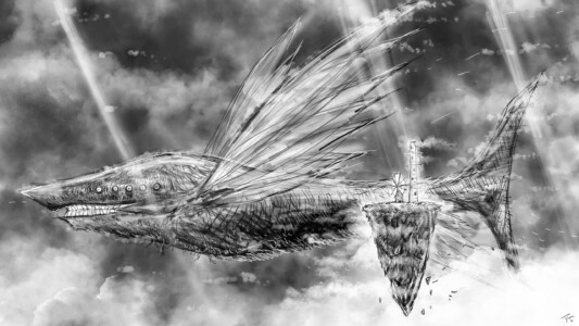 空翔ぶ要塞トビヲ（ファンタジー、イラスト、怪獣）
